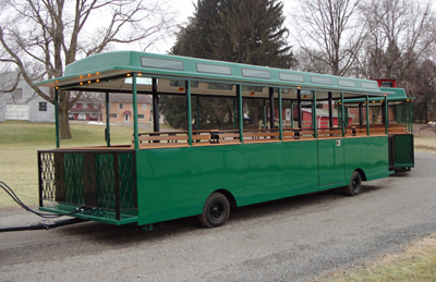Spring's Perserve trackless road train/tram coach, built by Trains Of America